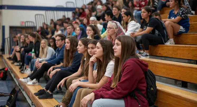 Students seated in gymnasium bleachers attentively listening.