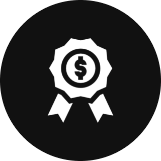 Dollar sign on award ribbon icon.